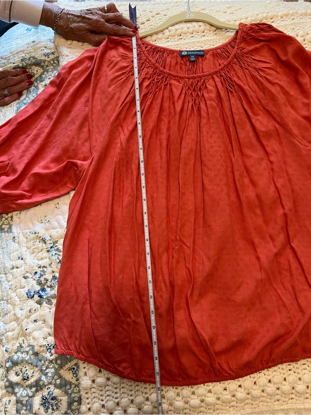 Democracy Coral Smocked Neck Peasant Blouse - Picture 8 of 13